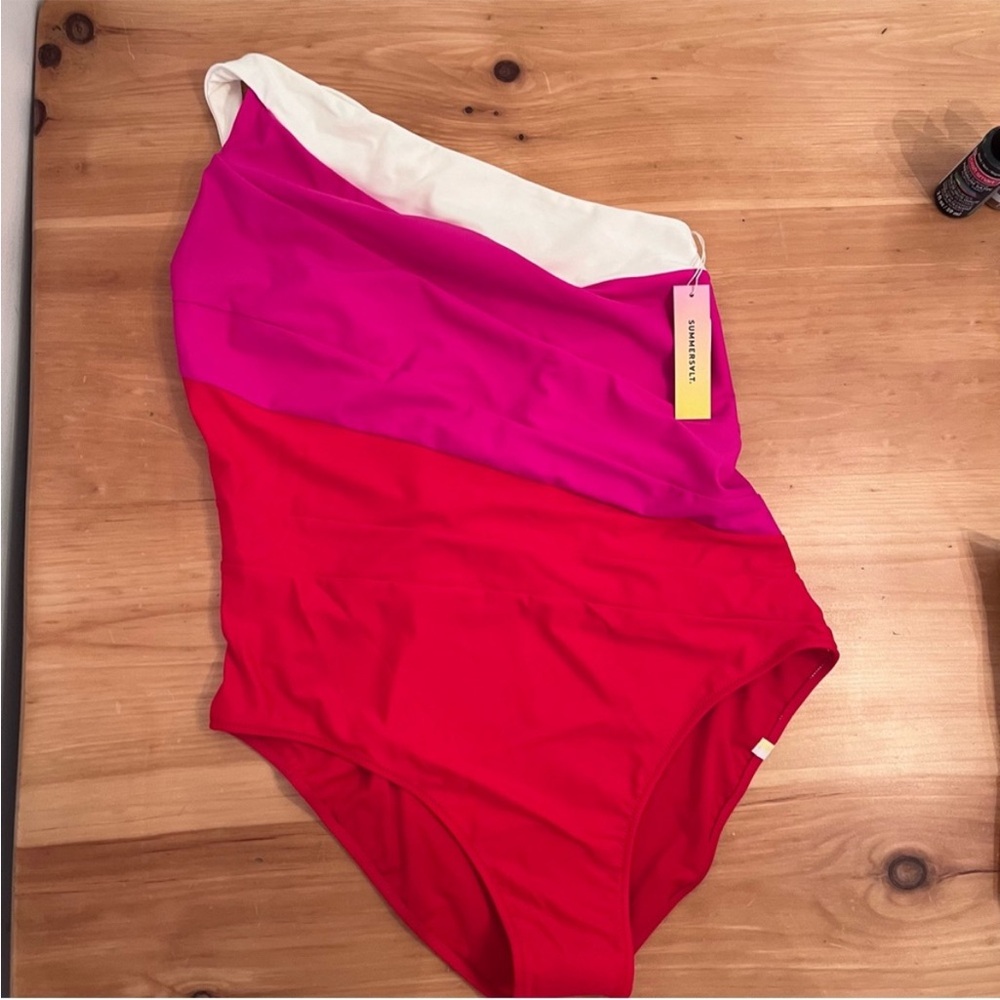 NWT Summersalt The Sidestroke Swimsuit Size 16 One Shoulder Pink Red White